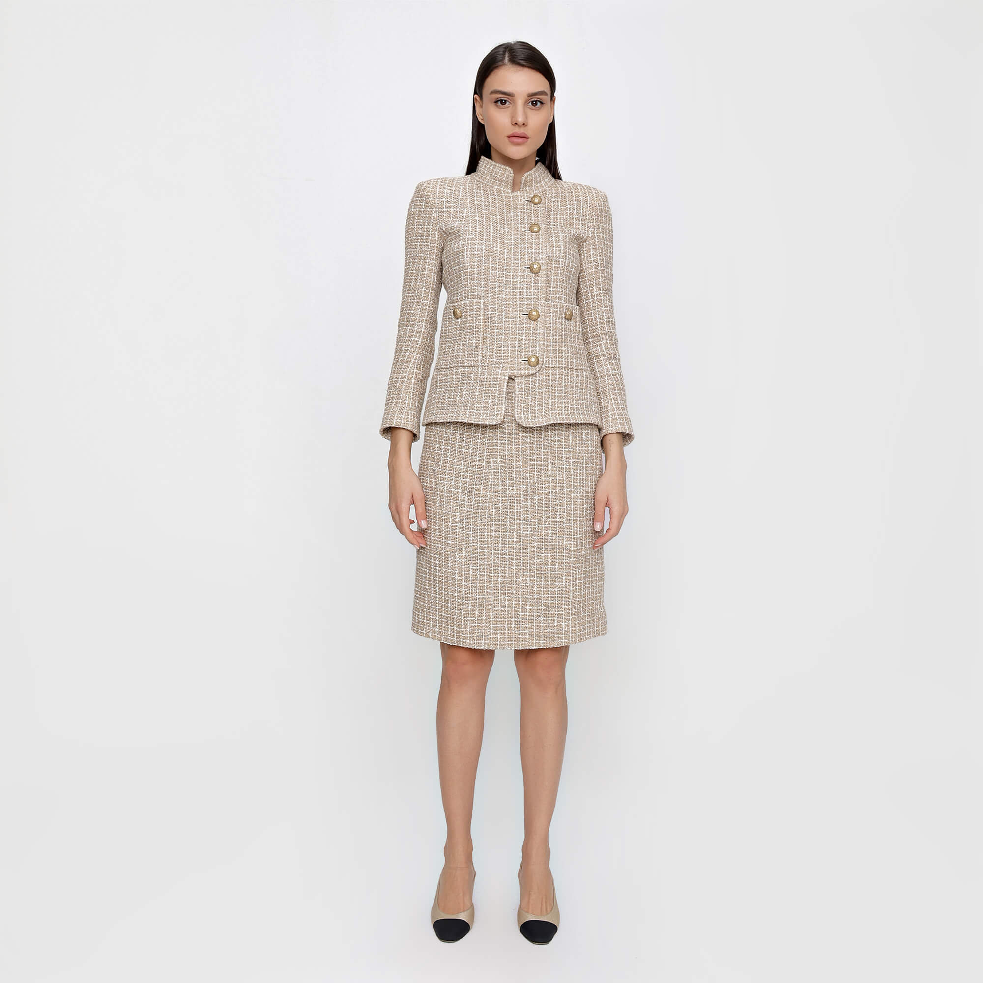 Chanel - Beige and Ecru Cotton Blend Tweed Jacket and Skirt Suit